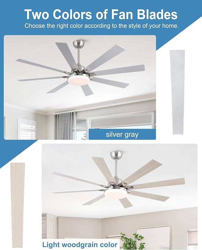 POCHFAN 62 Inch Ceiling Fans with Lights,Large Modern Ceiling fan with Remote and 8 Wooden Blades,Dimmable,6 Speeds,Noiseless Reversible Indoor&Outdoor Fan for Bedroom,Patio,Living Room