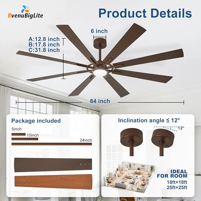Large Ceiling Fans with Lights: Modern 84 Inch 8 Blade Outdoor Ceiling Fan with Remote APP Control - Dimmable Big Fan Light Indoor Reversible 6 Speed Quiet DC Motor - Brown