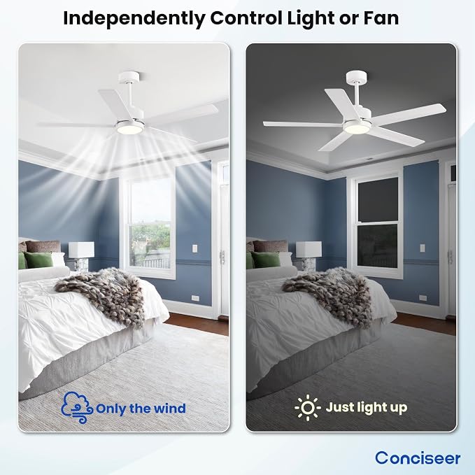 Conciseer Modern Ceiling Fans with Lights,52 Inch Ceiling Fans with Remote for Bedroom Living Room Kitchen, 18W 6CCT Dimmable，5 Blades 6 Speed Reversible Quiet DC Motor White