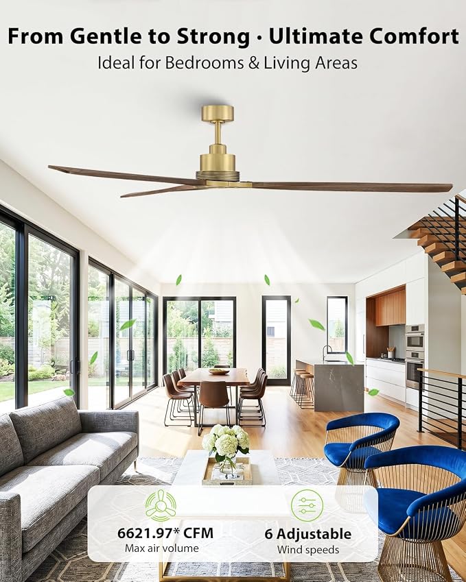 84 Inch Gold Brass Ceiling Fan No Light with Remote, Wood Ceiling Fan No Light, High CFM Quiet DC Motor, Rustic Farmhouse Large Ceiling Fan for High Ceiling, Commercial & Extra Large Spaces