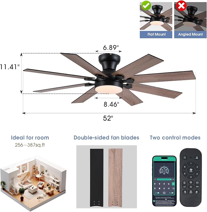 52"8-Blade Black Modern Low Profile Ceiling Fans with Lights and Remote/APP | Supports Remote and APP,6 Wind Speeds, Reversible, Dimmable 3CCT LED Light, 30W Quiet DC Motor,2H Timer,8 Double-Sided Blades