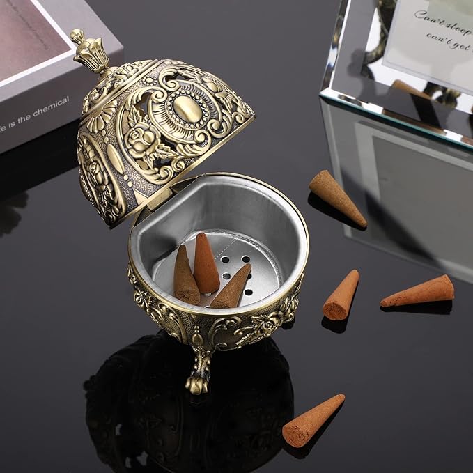JUXYES Vintage Incense Burner Holder with Removable Ash Catchers, Metal Censer Antique Cone Coil Incense Burner Holder Zinc Alloy Spiritual Aromatherapy Yoga Meditation Gifts Retro Home Decoration