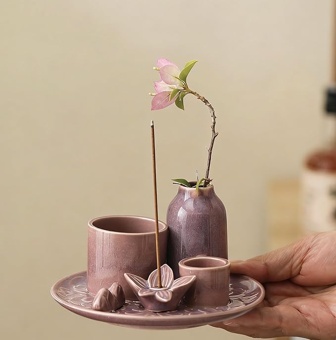 Purple Incense Holder for Sticks, 5.1 Inch Ceramic Incense Holder with Ash Catcher – 4 in 1 Smudge Bowl for Sage and Palo Santo, Reiki Supplies for Meditation Yoga Home Decor