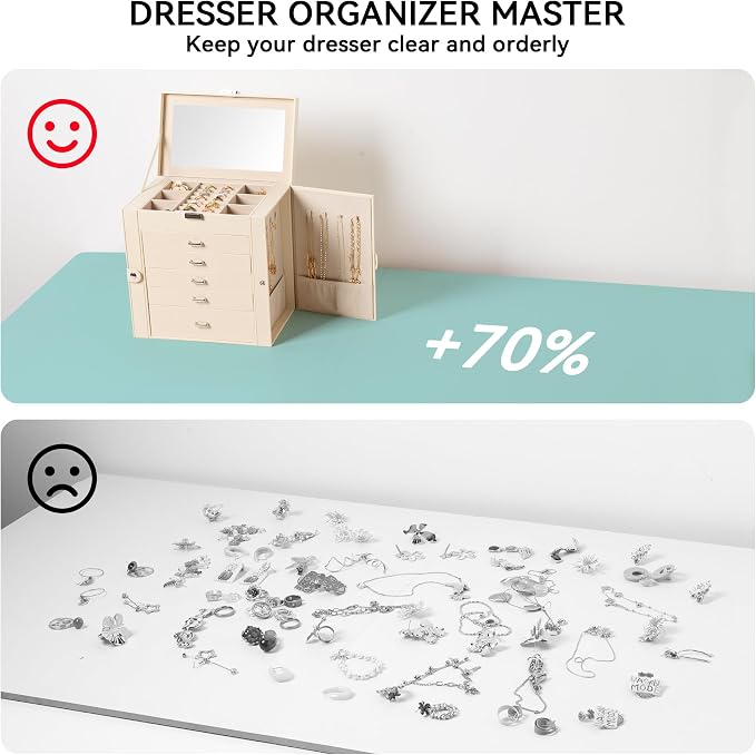 Frebeauty 6-Layer Jewelry Box for Women,Large Jewelry Organizer with Drawer | Faux Leather,Built-in Mirror,Spacious Jewelry Storage,16 Necklace Hooks,Organizing by Category for Rings Earrings Bracelet