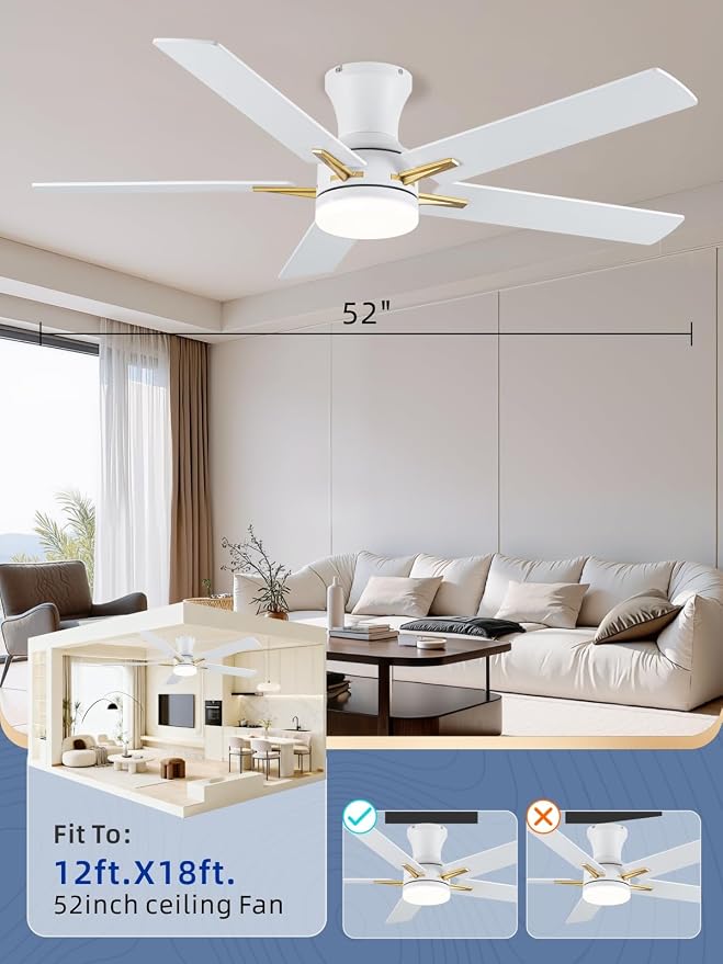 LANMEL 52 Inch Flush Mount Ceiling Fan with Light, App&Remote Control, Low Profile Modern Ceiling Fan, 6 Speed, Reversible, 3000k-6500k Dimmable LED, Quiet DC Motor for Indoor Outdoor, Gold White
