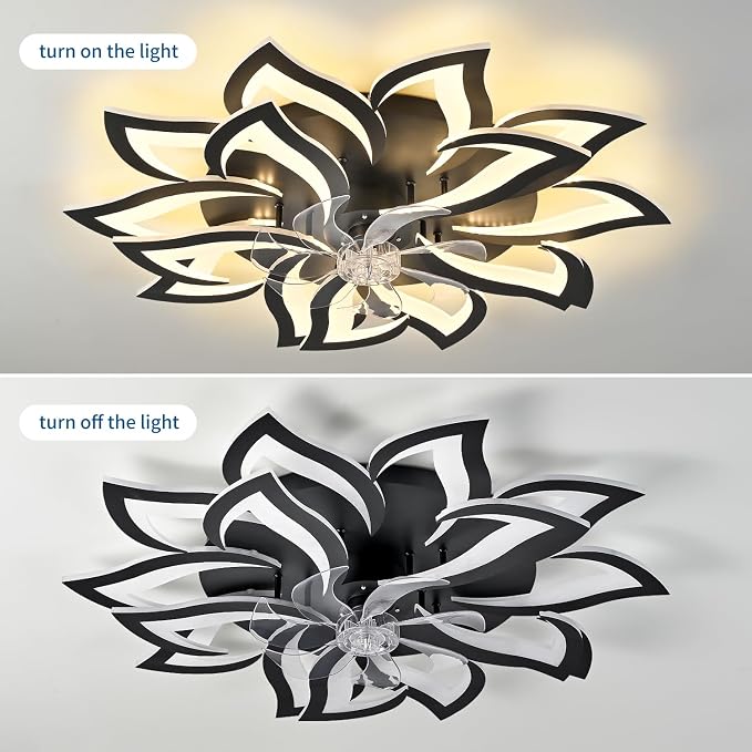 15Leaves-Black Flower Modern CeilingFans with Lights, Low Profile Ceiling Fan with Remote for Bedroom, Flush Mount Ceiling Fan with LED Dimmable Light,6-Speeds, Timing CeilingFan Light
