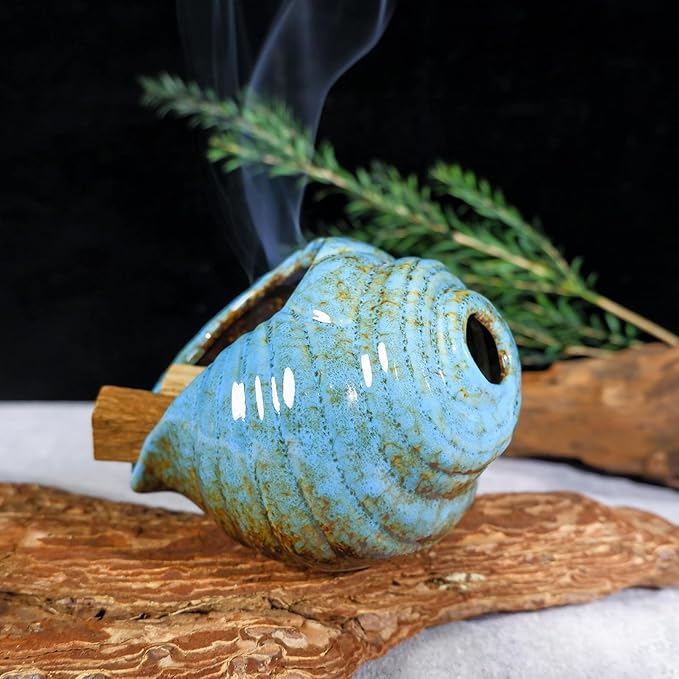 MOUGIGI Blue Conch Chiminea Palo Santo Burner - Ceramic Smudging Bowl、Incense Chimney,Works with Sage、Incense Cones,Energy Cleansing-Thoughtful Gifts for Meditation, Altar,Spa,Yoga, Aromatherapy