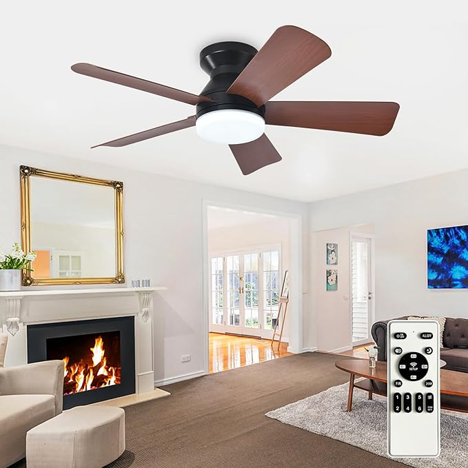 Depuley Modern Ceiling Fan with Light: 35-Inch Black Small Fans for Bedroom Indoor Outdoor - Dimmable Low Profile Ceiling Fans with Remote Control Flush Mount 5 Reversible Walnut Blades 6 Speeds Timer