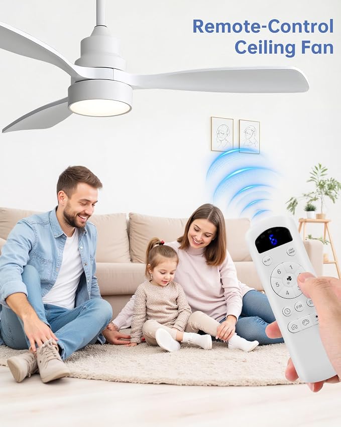Sofucor 48 Inch Ceiling Fan with Lights and Remote Control, White | Flush&Downrod Mount, Solid Wood Blade,1/4/8 H Timer, 3CCT Dimmable 6 Speed, Quiet DC Motor, Outdoor Bedroom/Living Room/Patio
