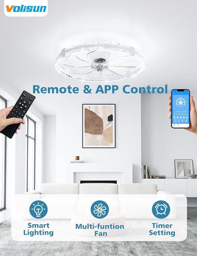 VOLISUN Low Profile Ceiling Fans with Lights and Remote, 24in Fandelier Ceiling Fans with Lights Flush Mount, Dimmable Bladeless LED Ceiling Fan Light, White Modern Ceiling Fan Light for Bedroom