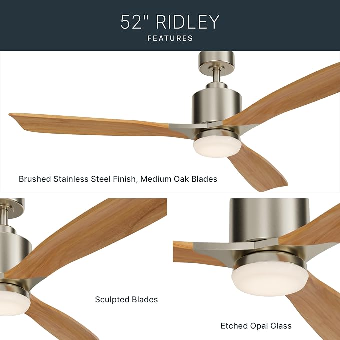 Kichler Ridley II 52 in Ceiling Fan with Light, 3-Blade LED Indoor Fan with Etched Cased Opal Glass in Brushed Stainless Steel, Medium Oak Blades for Living Room, 300027BSS