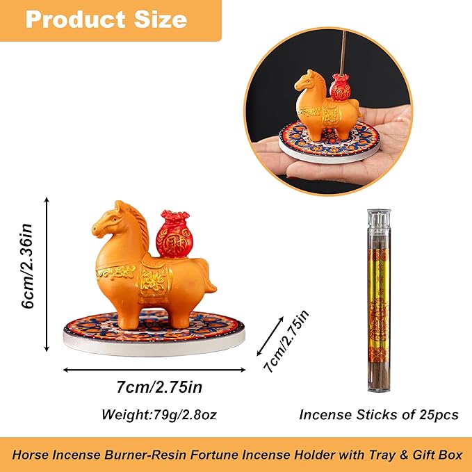 Horse Incense Burner-Resin Fortune Horse Incense Holder with Tray & Gift Box,Aromatherapy Decor for Yoga, Meditation,Home Office,Horse Lover Gift (Orange)
