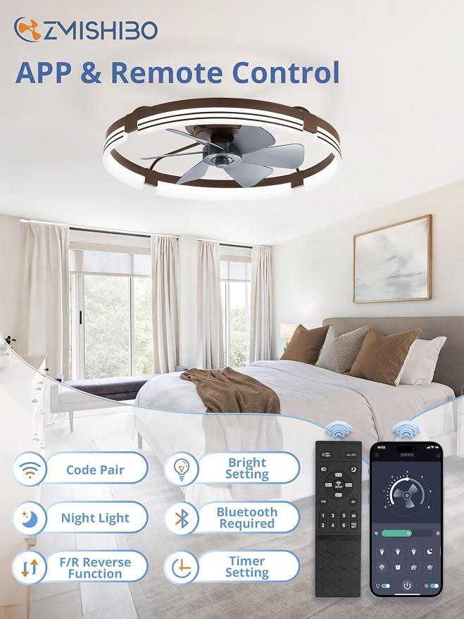 ZMISHIBO 24 Inch Low Profile Ceiling Fans with Lights and Remote, 3000K-6000K Dimmable Fandelier LED Fan Light, Flush Mount Ceiling Fan with Light, 6 Wind Speeds Ceiling Fans for Bedroom- Brown