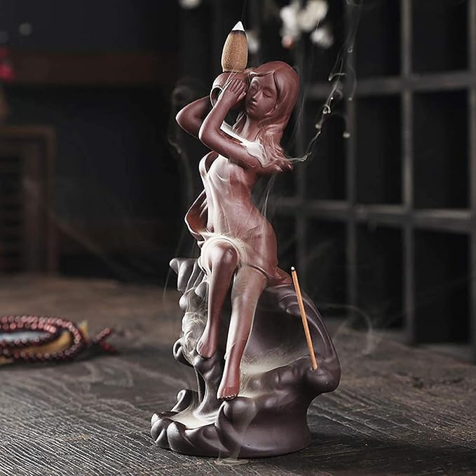 LISAY Mermaid Waterfall Incense Burner Backflow Ceramic Incense Holder Handmade Purple Sands Incense Sticks Censer for Home Decor Yoga Craftwork Figurine (Type B), 9.5*14.8cm13.5*21.5cm