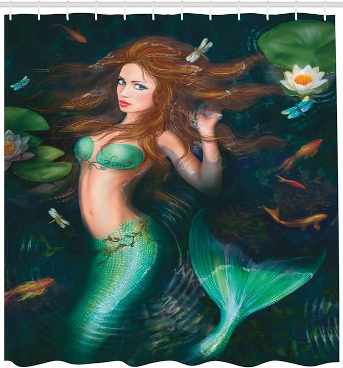 Ambesonne Underwater Shower Curtain, Fantasy Mermaid in Lake with Lilies Blossom Plants Leaves, Cloth Fabric Bathroom Decor Set with Hooks, 69" W x 70" L, Green Brown Jade Green