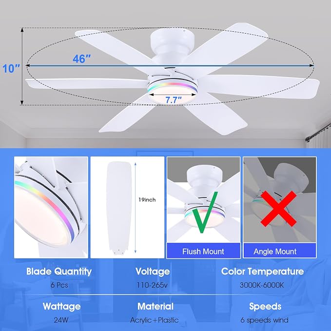 Kviflon 46" Modern Ceiling Fans with RGB Lights Remote/APP Control, Low Profile Flush Mount Ceiling Fan, 6 Reversible Plastic Blades 6 Speeds, RGB + 3 CCT Dimmable Lights for Bedroom Kidsroom, White