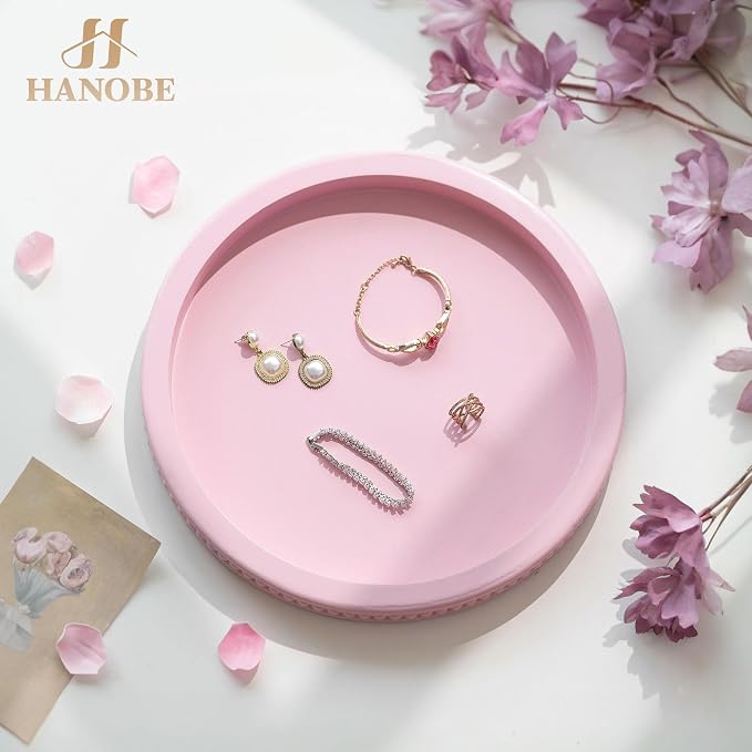 Hanobe Pink Round Decorative Tray with Beaded Edge | Durable paulownia wood, for displaying perfumes, candles, or jewelry on a dresser, coffee table, vanity, bathroom counter.