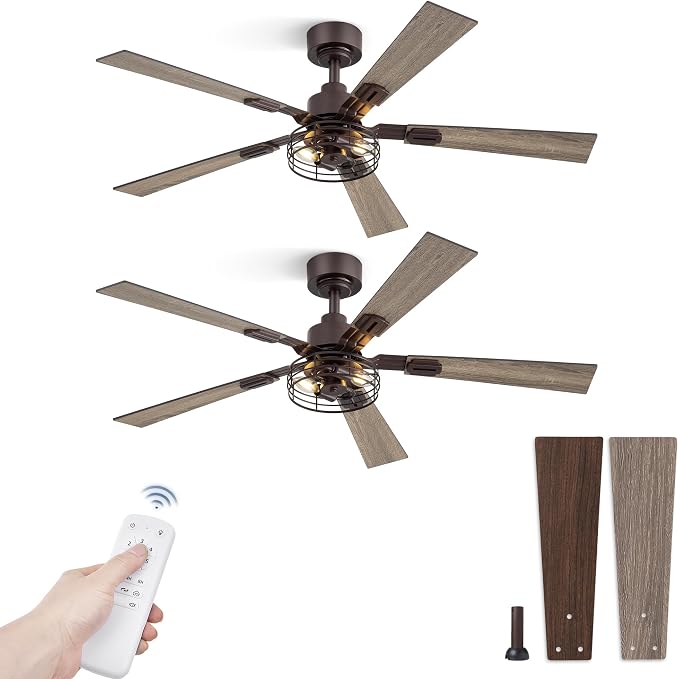 Fanbulous 2 Pack Farmhouse 48 Inch Ceiling Fans with Lights, Industrial Caged Ceiling Fans for Bedroom Living Room, Double-Sided 5 Blades Rustic Ceiling Fan-Oil Bronze