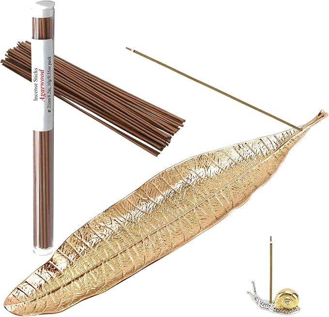 Alloy Lucky Leaf and Cute Snail Incense Stick Holder Burner Ash Catcher Set, U-MATE Oriental Aroma Kodo, Incense Holder Burner, for Decor Meditation Room Home Office Yoga SPA, Color: Gold