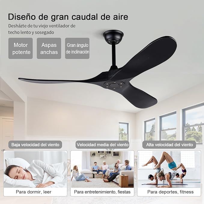 52 Inch Ceiling Fans without Lights, Black Ceiling Fans no Lights with Remote Control, 3 Solid Wood Blades， Indoor Outdoor Ceiling Fan for Living Room Patios Bedroom Kitchen