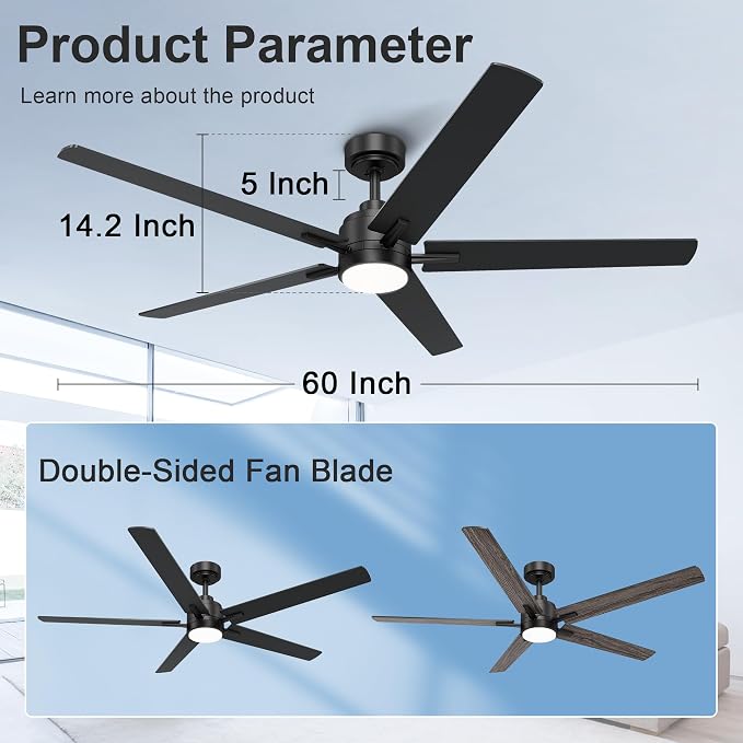 60 Inch Black Ceiling Fan with Light and Remote Control,Dimmable 3 Color Temperatures LED Ceiling Fan,6 Speeds Reversible DC Motor,5 Blades Modern Ceiling Fans for Indoor or Covered Outdoor