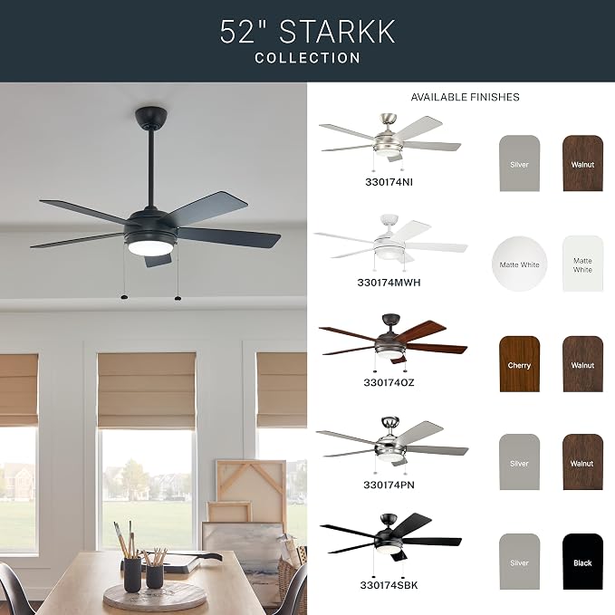 Kichler Starkk 52 in LED Ceiling Fan with Light, 5 Blade Modern White Ceiling Fan with Integrated LED Light and Downrod for Bedroom, Living Room, Kitchen, Dining Room, 330174MWH