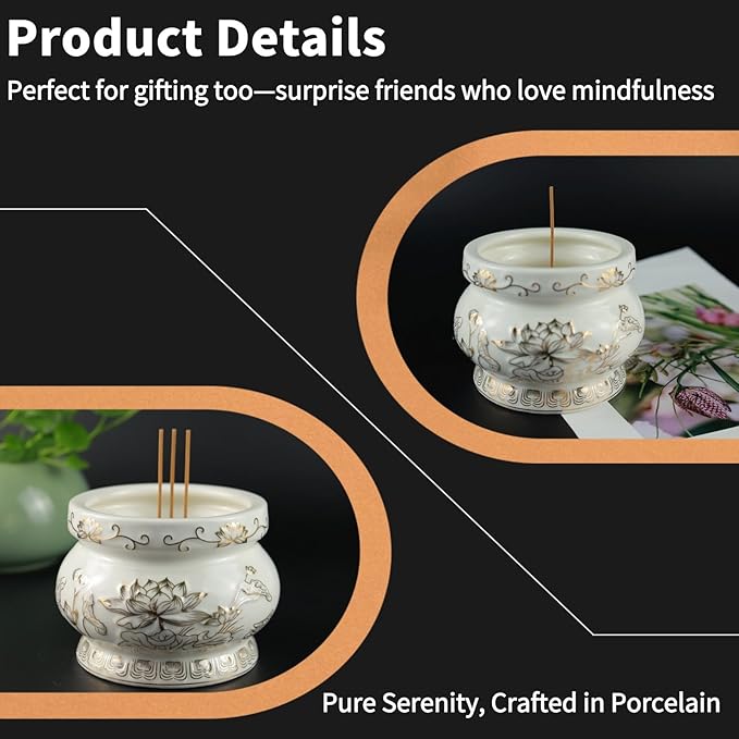 Ceramic Incense Burner Pot, Small Incense Bowl with Sticks and Brass Stand, Decorative Lotus Incense Holder Censer for Meditation Praying Buddha 4 Inch