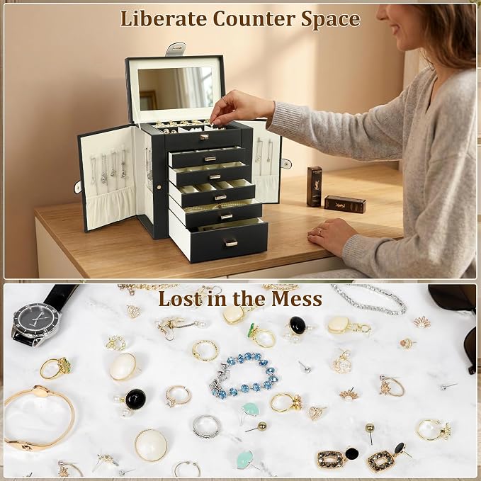 KAMIER Jewelry Box for Women, 6-Layer Large Jewelry Organizer Box with Mirror & 5 Drawers for Rings, Earrings, Necklaces, Bracelets,Black