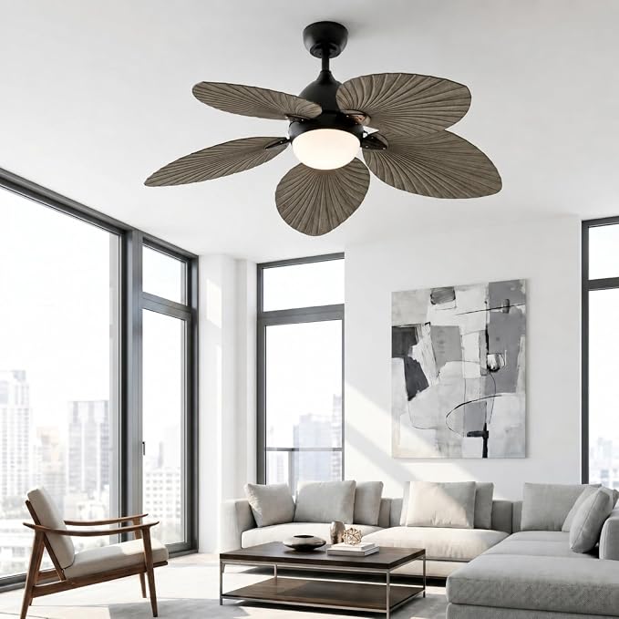 52" Modern Tropical Ceiling Fan with Light and Remote for Bedroom | LED Dimmable Tri-Color Temperature, 5 Blade Ceiling Fans Reversible, 6 Speeds w/Quiet DC Motor, living room, bedroom, kitchen