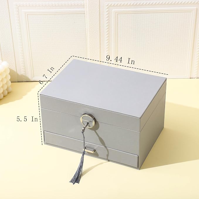 BOOVO Large Jewelry Boxes For Women (grey) | 5 Layers Jewelry Organizer Box With Cosmetic Storage Drawer, Necklace Ring Jewelry Organizer Box