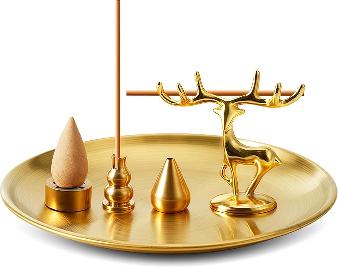 5 in 1 Incense Burner - 5.5 Inch Brass Incense Holder for Sticks, Coils and Cones with Ash Catcher - for Meditation, Yoga, Zen Room, Home Decor (Deer+Nine Holes+Gourd+Water Drop+Disc)