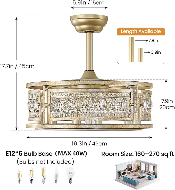 Caged Ceiling Fan with Light and Remote, 19" Vintage Crystal Fandelier, Gold Bladeless Ceiling Fan, Low Profile Ceiling Fan for Bedroom, Farmhouse Chandelier Fan for Living Room
