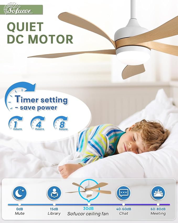 Sofucor 42 Inch Ceiling Fan with Lights and Remote, Indoor/Outdoor Ceiling Fan with Light 6-Speed 3 CCT 3-Timer, Low Profile Modern Ceiling Fan 5 Blade Quiet DC Motor for Bedroom Living Room Patio