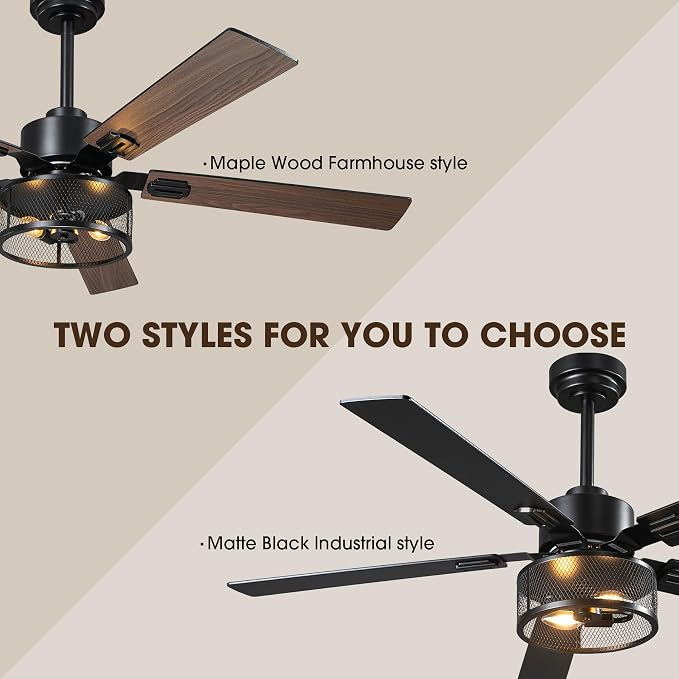 52 Inch Farmhouse Ceiling Fan with Light and Remote, Rustic Caged Ceiling Fans with 6-Speed Reversible Motor, 5 Dual Finish Blades, Outdoor Ceiling Fan for Living Room Bedroom Patio
