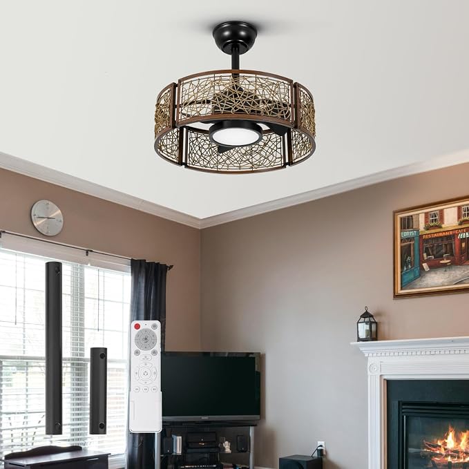 TALOYA 20 Inch Caged Ceiling Fans with Lights Chandelier Remote Control Flush Mount Low Profile for Bedroom Living Room Patio,Reversible,Buzzer Mute,Dimmable Led Light Included,Fandelier,Black Walnut
