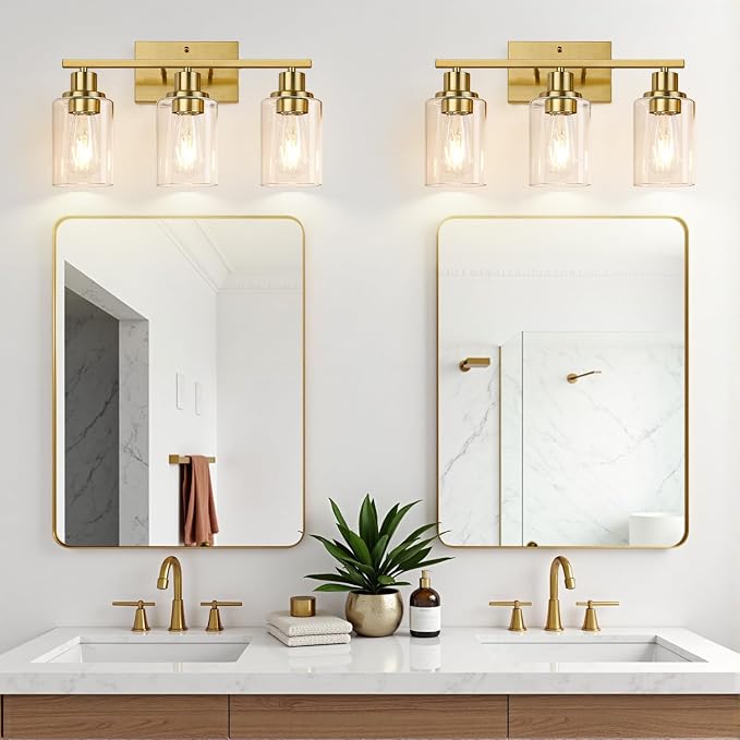 Indoi 3-Light Bathroom Light Fixtures, Brushed Gold Modern Vanity Lights with Clear Glass Shades, Bathroom Wall Lamp for Mirror Living Room Cabinet Bedroom Porch