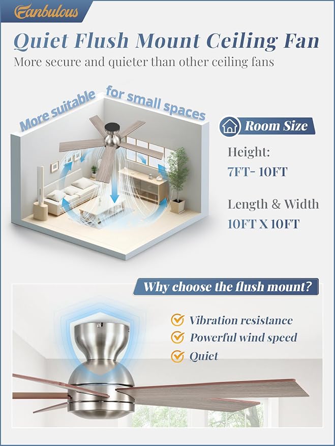 Fanbulous 42 Inch Flush Mount Ceiling Fans no Light, Brushed Nickel Modern Ceiling Fans, 6-Speeds, Quiet Reversible DC Motor, Outdoor/Indoor Ceiling Fan for Patios, Living Room, Bedroom
