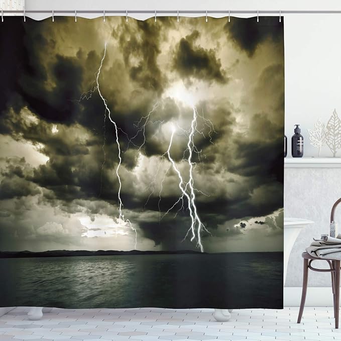 Ambesonne Nature Shower Curtain, Majestic Rain Cloud with a Thunderstorm All Over The Ocean Sea Dramatic Scenery, Cloth Fabric Bathroom Decor Set with Hooks, 69" W x 75" L, Dimgrey Blue