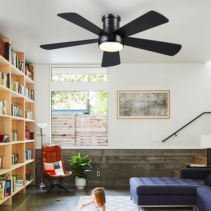 Hounberi 46 Inch Flush Mount Ceiling Fan with Lights and Remote, Modern Quiet DC Motor Low Profile Ceiling Fan for Low Ceilings, 5 Reversible Blades, 6 Speeds Dimmable, Indoor Outdoor Bedroom, Black