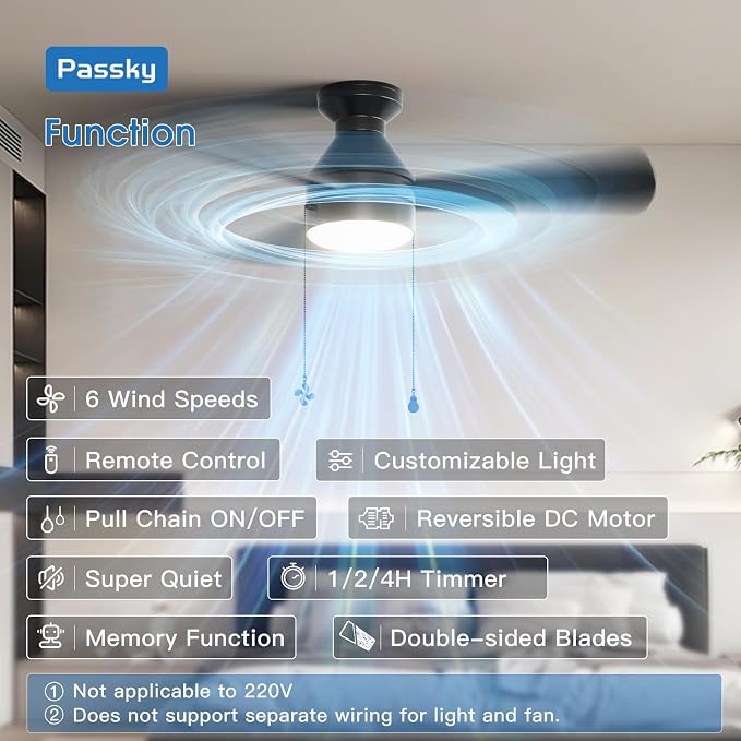 Passky Ceiling Fans with Lights, 42 inch Low Profile Ceiling Fan with Pull Chain and Remote Control, Flush Mount, Reversible, 5CCT, Dimmable, Noiseless, Black Pull Cord Ceiling Fan for Bedroom