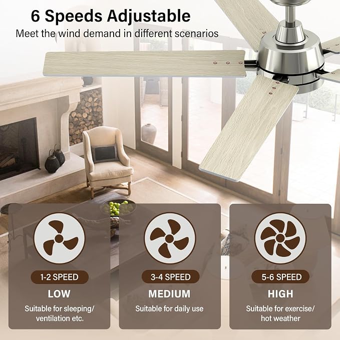 52 Inch Brushed Nickel Ceiling Fans with Lights and Remote, Low Profile 5 Blades Ceiling Fan with Downrods, Reversible, 3CCT, Dimmable, Noiseless for Living Room, Bedroom and Patio