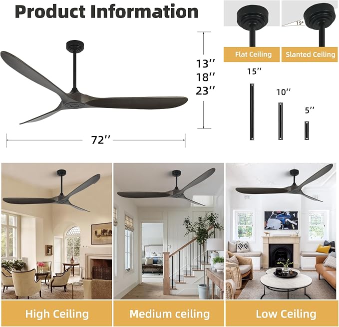 Ceiling Fan Without Light, 72 Inch Smart Wood Ceiling Fan no Lights, Compatible with Alexa/Google, 3 Natural Walnut Blades, Remote, Quiet Reversible DC Motor for Indoor Outdoor, Dark Brown
