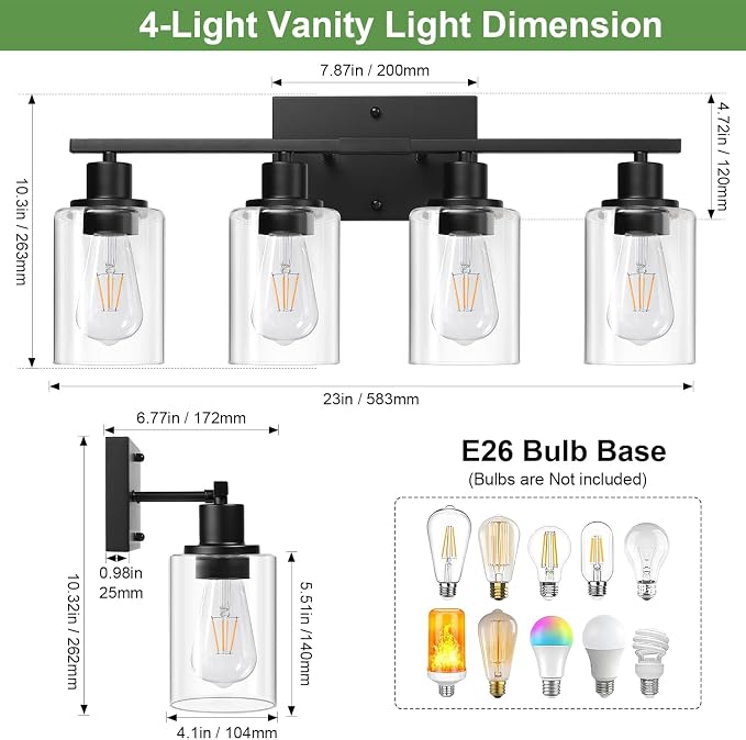 Indoi 4-Light Bathroom Light Fixtures, Matte Black Modern Vanity Lights with Clear Glass Shades, Bathroom Wall Lamp for Mirror Living Room Cabinet Bedroom Porch