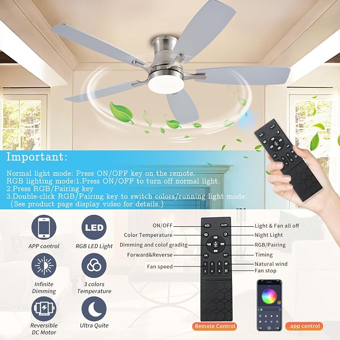 FUMLTP Ceiling Fans with Lights, 54inch RGB Low Profile Ceiling Fan with Light and Remote/App Control, Flush Mount, Dimmable, Reversible DC Motor, Noiseless, 6 Speeds Nickel Ceiling Fan for Bedroom