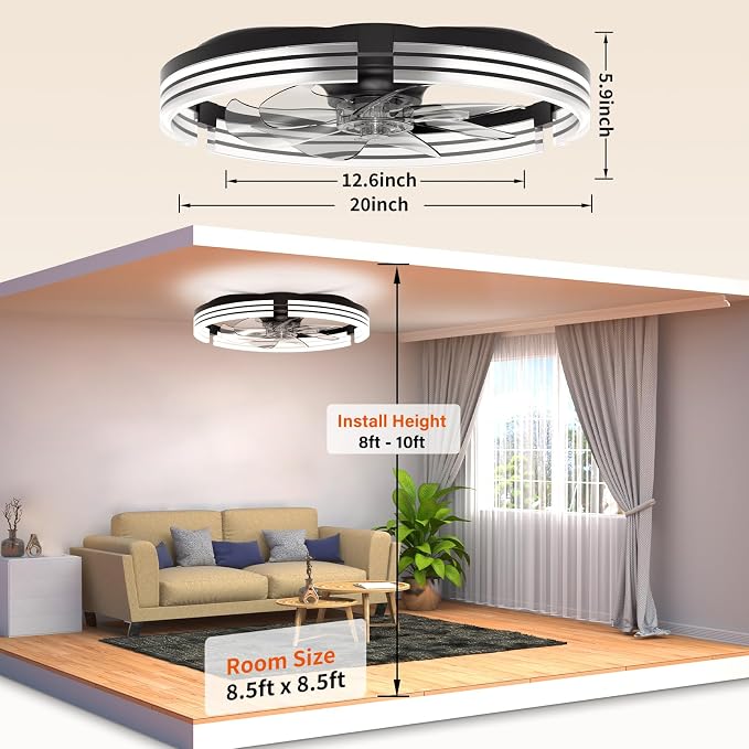 Ceiling Fans with Lights and Remote, 20'' Low Profile Ceiling Fan with APP Control, 3000K-6500K Dimmable, Quiet Reversible DC, Modern Flush Mount Fandelier for Bedroom (Black-Stripe)