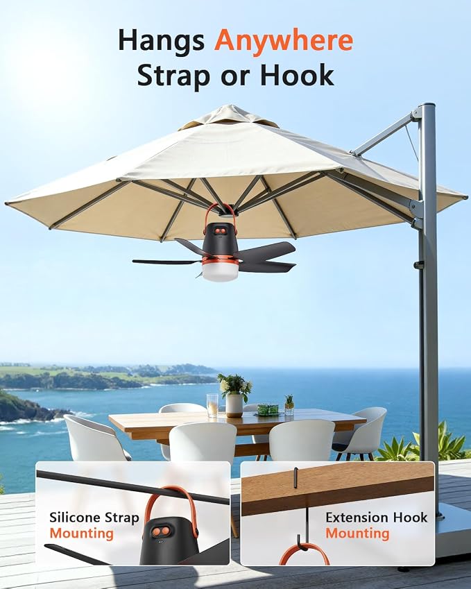 20” Canopy Fan with Lights, 20000mAh Battery Operated Ceiling Fan, Portable Outdoor Camping Fan with Remote Control, 4 Speeds & Dimmable for Canopy, Tent, Gazebo, RV, Garage