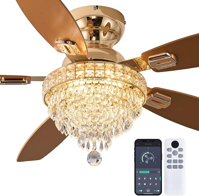 Crystal Ceiling Fan Fandelier with Lights-Ceiling Fans with Lights,54" Low Profile and Remote Control, Flush Mount, Reversible, Dimmable, Noiseless,Gold Ceiling Fan for Bedroom