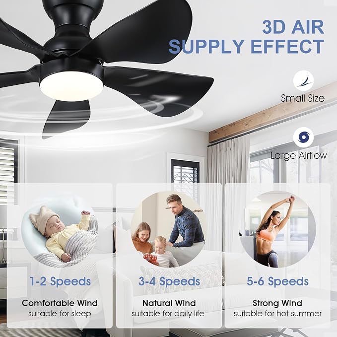 PHORUS 30"Black Low Profile Flush Mount Ceiling Fans with Lights and Remote | Super Large Airflow with 6 Wind Speeds, Reversible, Dimmable 3 CCT LED, 30W Noiseless DC Motor,Timer, for Bedroom Kitchen