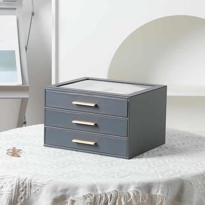 Frebeauty Jewelry Box for Women,Clear Lid Jewelry Organizer with 3 Drawers | Faux Leather,Velvet Lining,3 Layers,Jewelry Storage for Ring Earring Stud,Dustproof Design,Gift Choice,Golden Stylish Handle