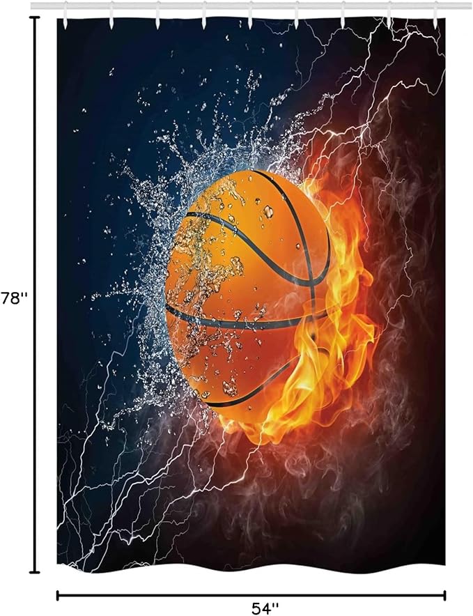 Ambesonne Sports Stall Shower Curtain, Basketball Ball and Water Splashing Thunder Lightning Themed Design, Fabric Bathroom Decor Set with Hooks, 54" W x 78" L, Dark Blue and Burgundy